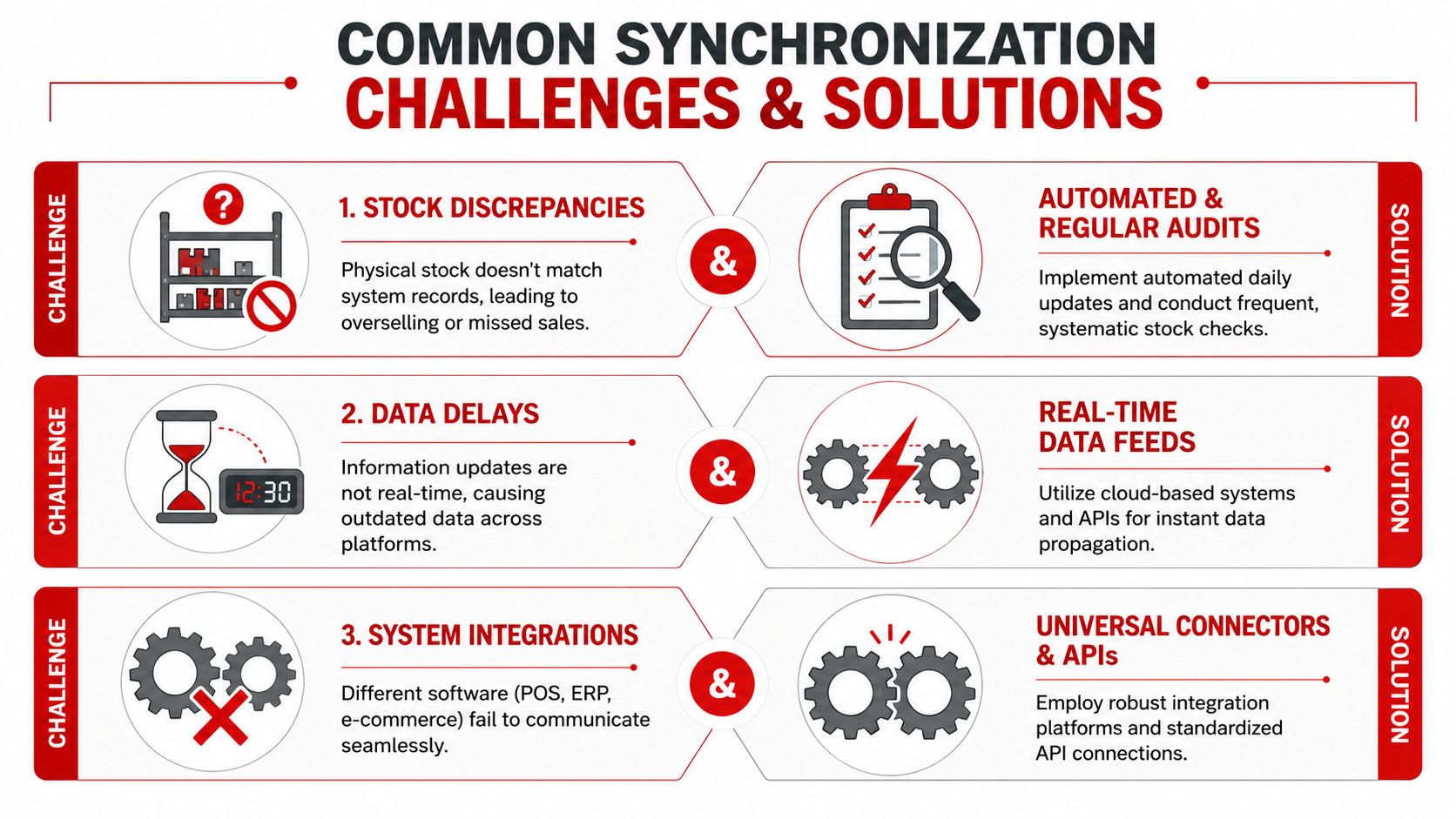 An infographic detailing common inventory synchronization challenges like stock discrepancies, data delays, and integration issues with solutions.