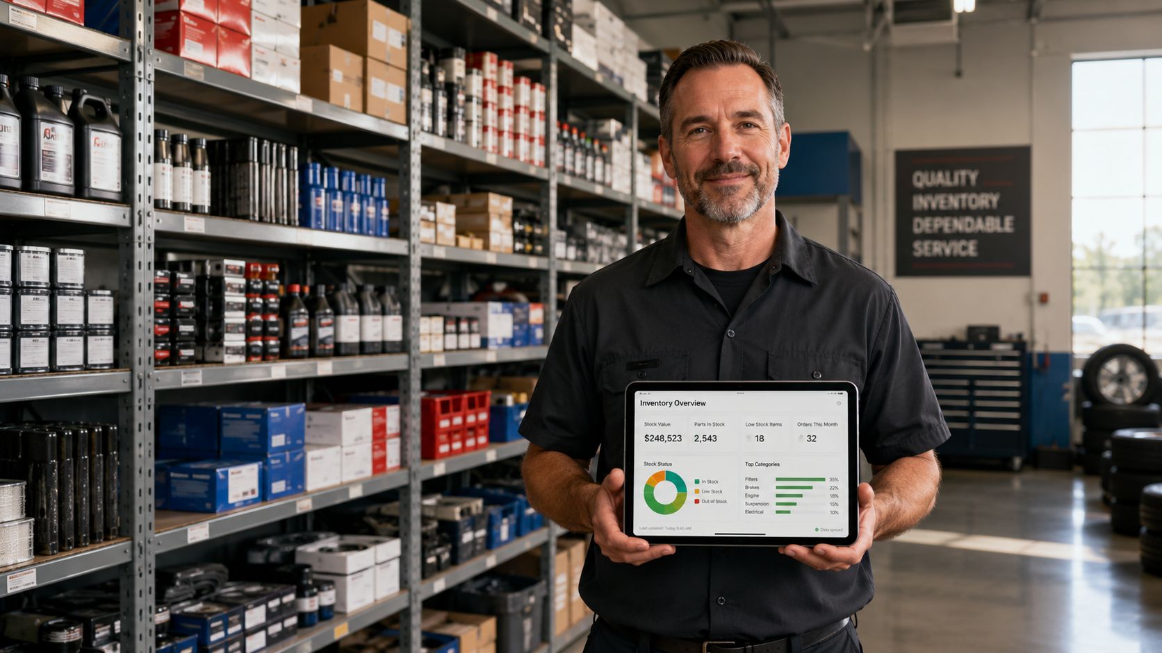 A professional warehouse manager holding a tablet showing digital inventory data amidst shelves of auto parts.