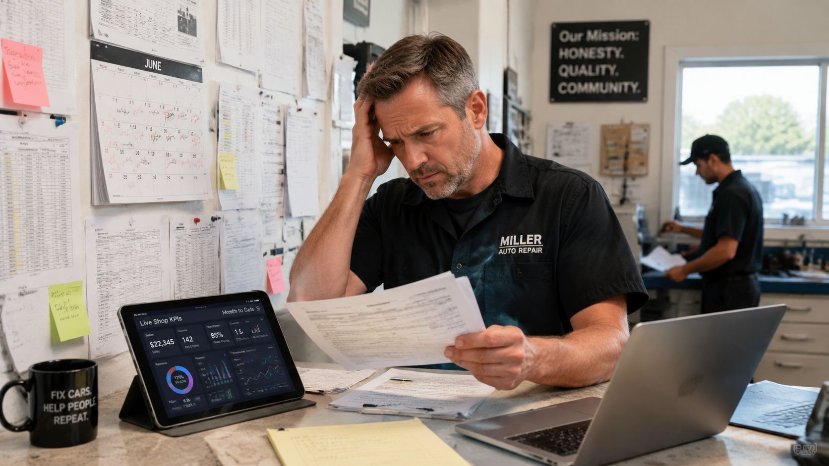 Stressed auto repair shop owner reviewing financial paperwork and KPI data on a tablet at his desk.