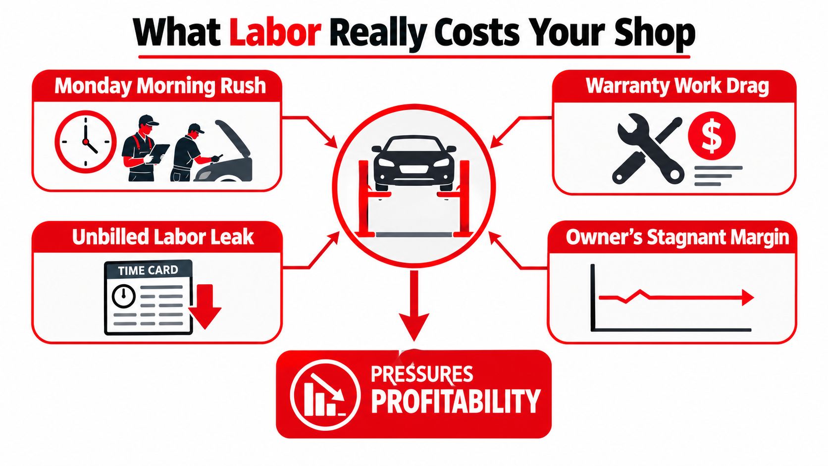 A diagram illustrating how various operational factors like labor inefficiency and warranty work negatively impact shop profitability.