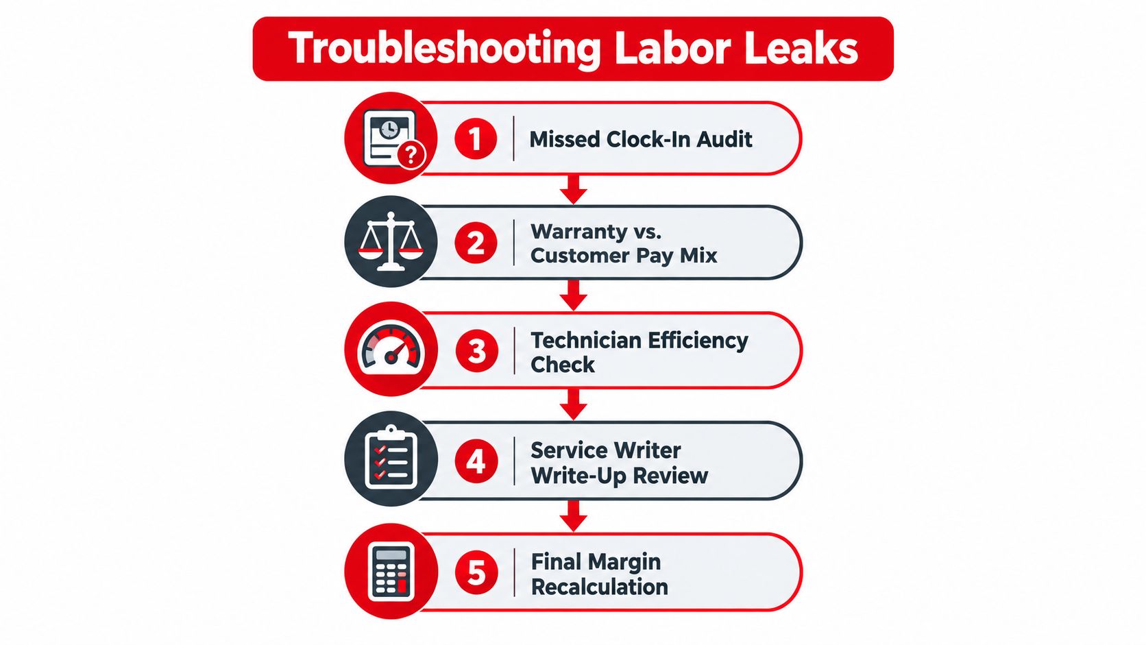 A flowchart titled Troubleshooting Labor Leaks showing five numbered steps for optimizing workshop labor efficiency.