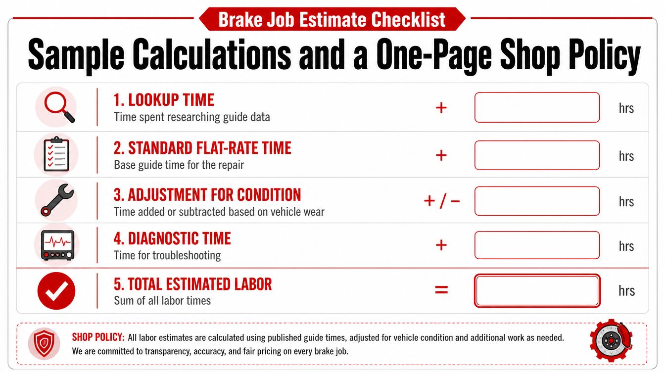 A checklist for calculating brake job labor times in a professional auto repair shop environment.