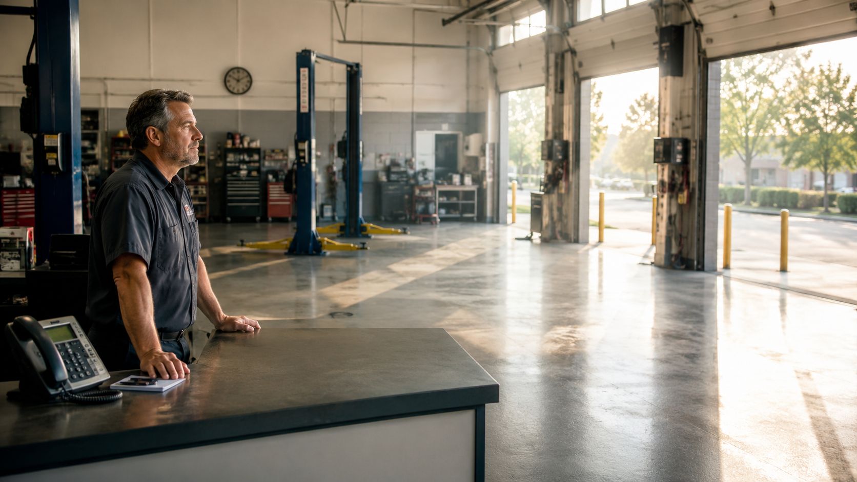 A professional mechanic standing behind a front desk inside an auto repair shop with open garage doors.