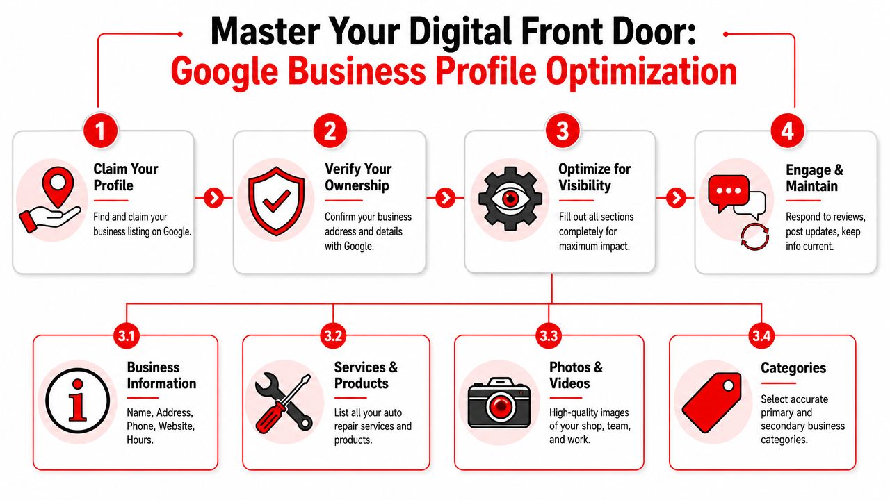 An infographic showing a four-step process to optimize a Google Business Profile for auto repair businesses.