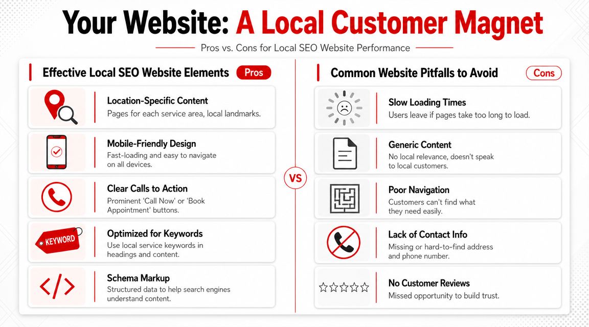 An infographic comparing pros and cons of local SEO website elements and common pitfalls to avoid.