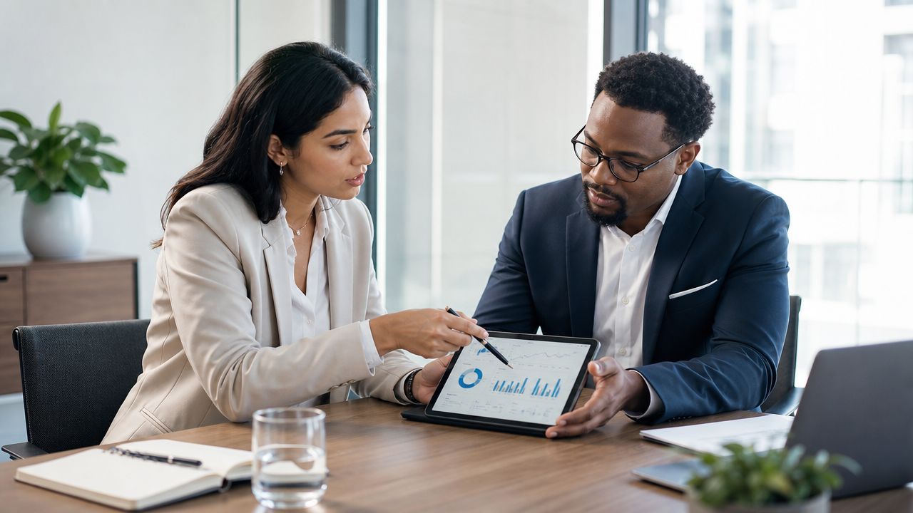 A professional man and woman in business attire discussing business data on a tablet in an office.