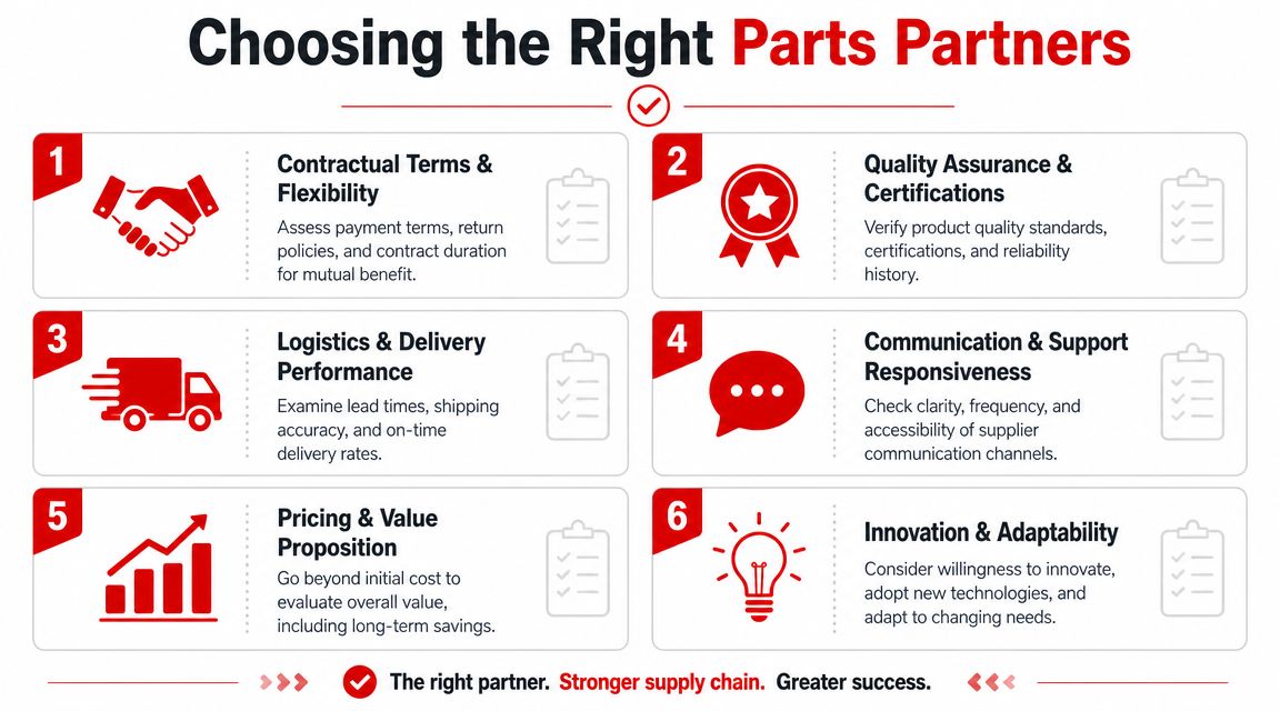 A structured infographic illustrating six key criteria for selecting the best manufacturing or distribution parts partners.