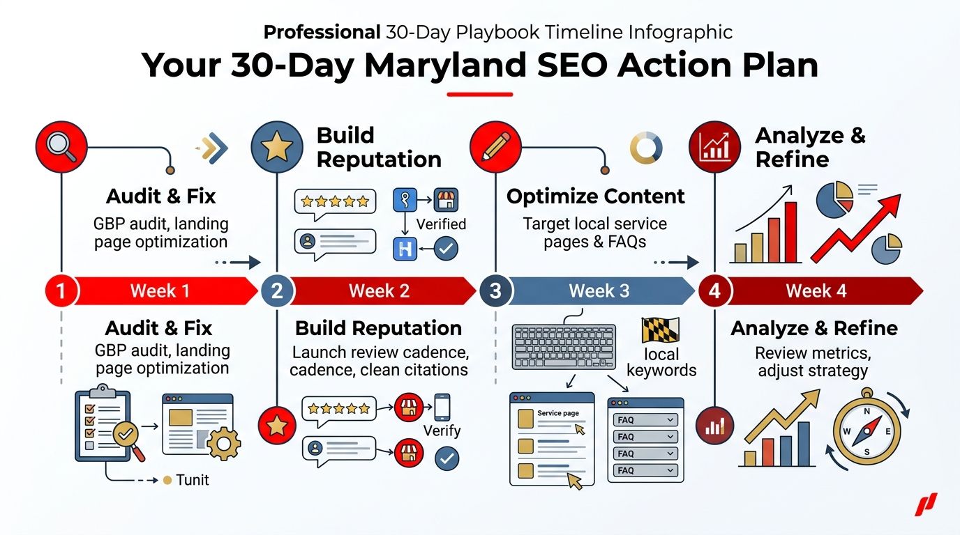 A professional 30-day Maryland SEO action plan timeline infographic outlining weekly strategies for business growth and optimization.