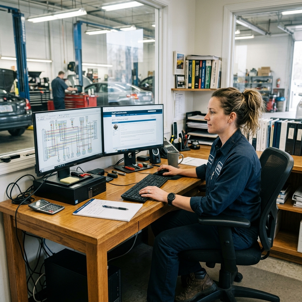mechanic at a computer workstation comparing two auto repair data sources on a dual-monitor setup in a repair shop