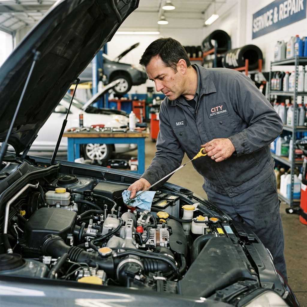 mechanic checking engine oil dipstick in a car engine bay during a routine vehicle inspection