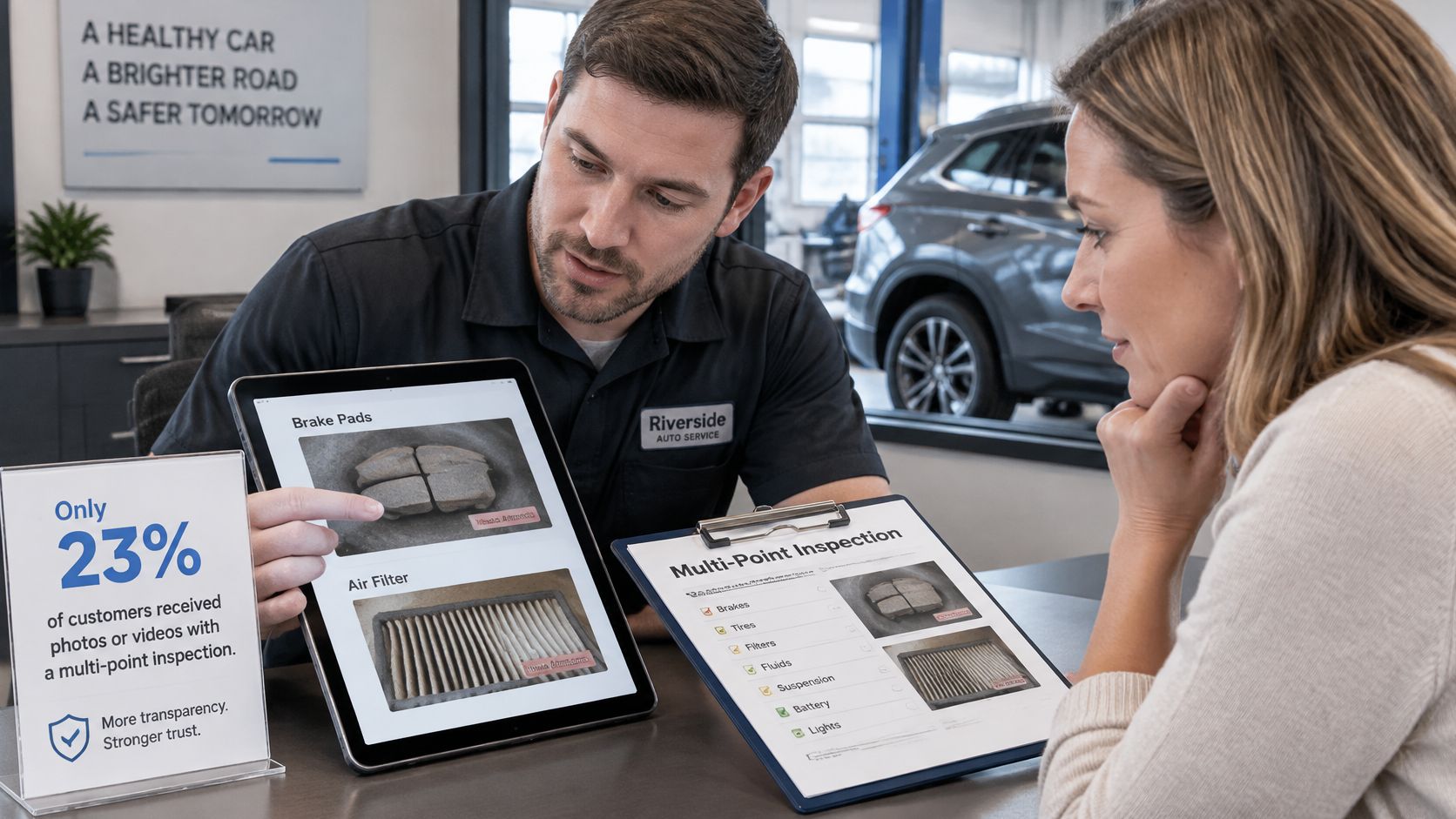 A male mechanic shows a tablet with vehicle inspection photos to a female customer in an auto shop.