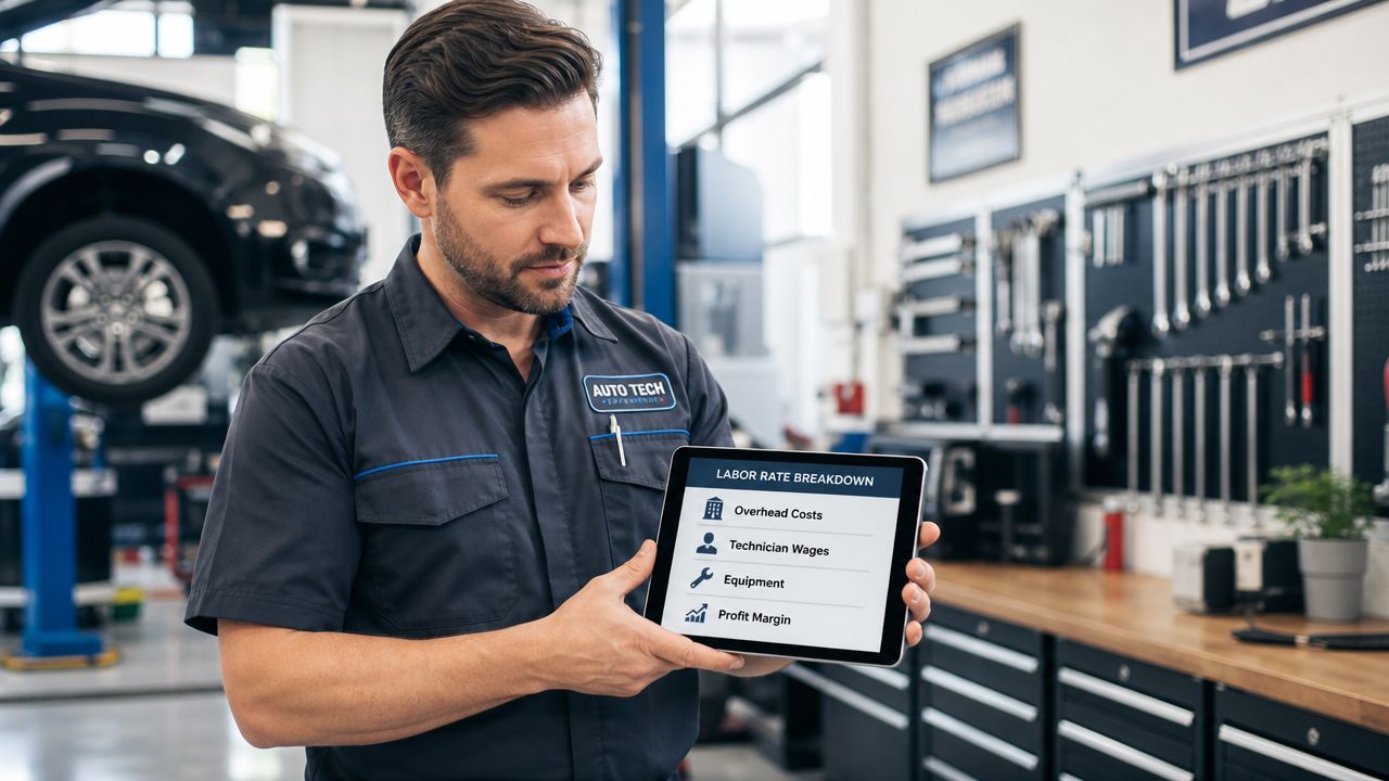 A professional auto mechanic in a workshop holds a tablet displaying a labor rate breakdown chart.