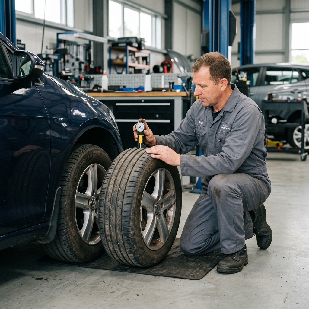 mechanic inspecting car tire tread depth with a gauge tool in an auto repair shop bay