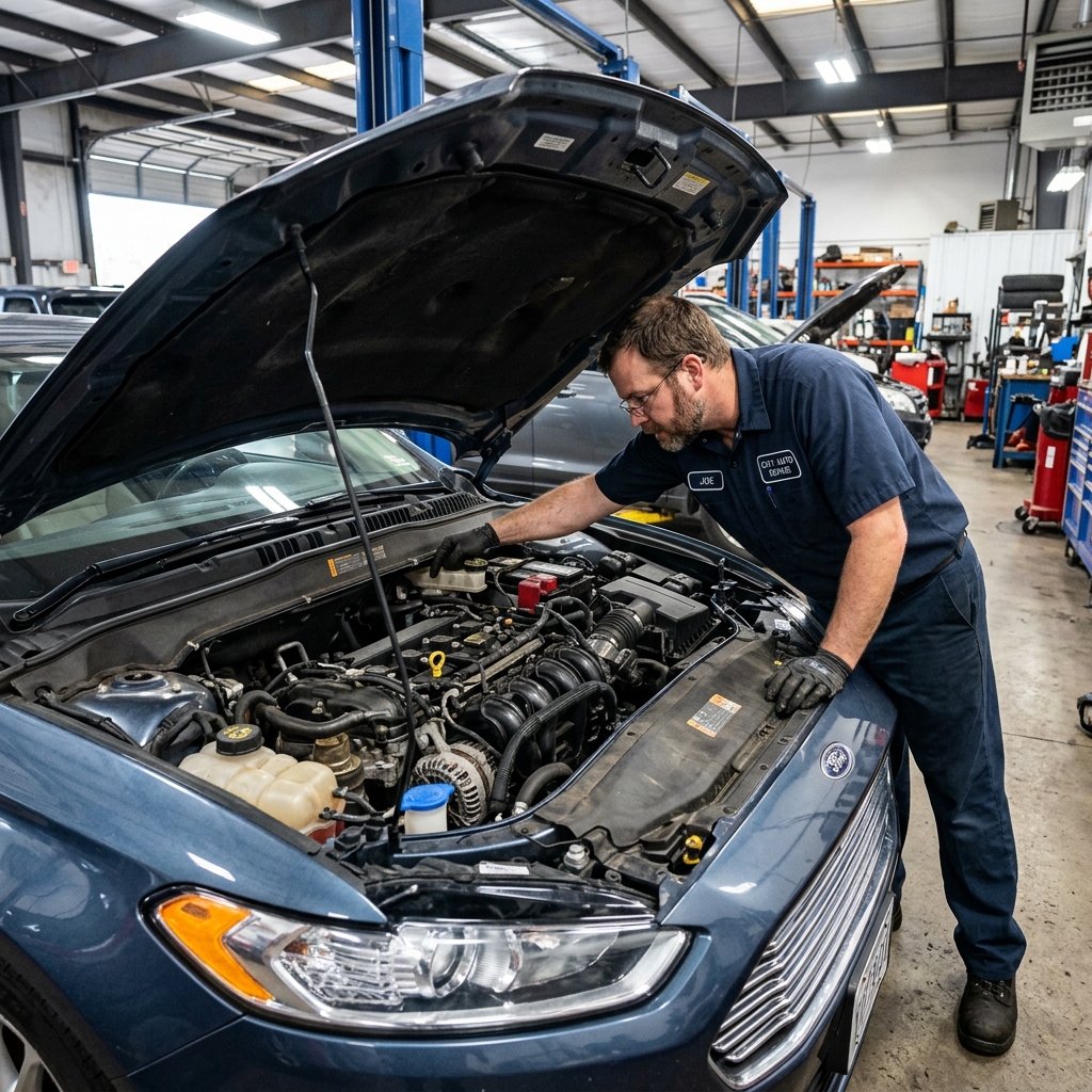 mechanic inspecting engine bay of a car with hood open, checking fluid levels and belts in a repair shop