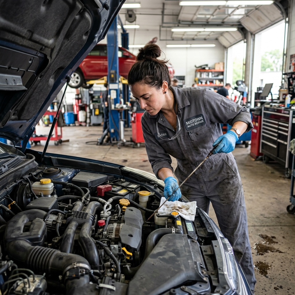 mechanic inspecting under the hood of a car, checking engine oil dipstick with gloved hands in a professional auto repair shop