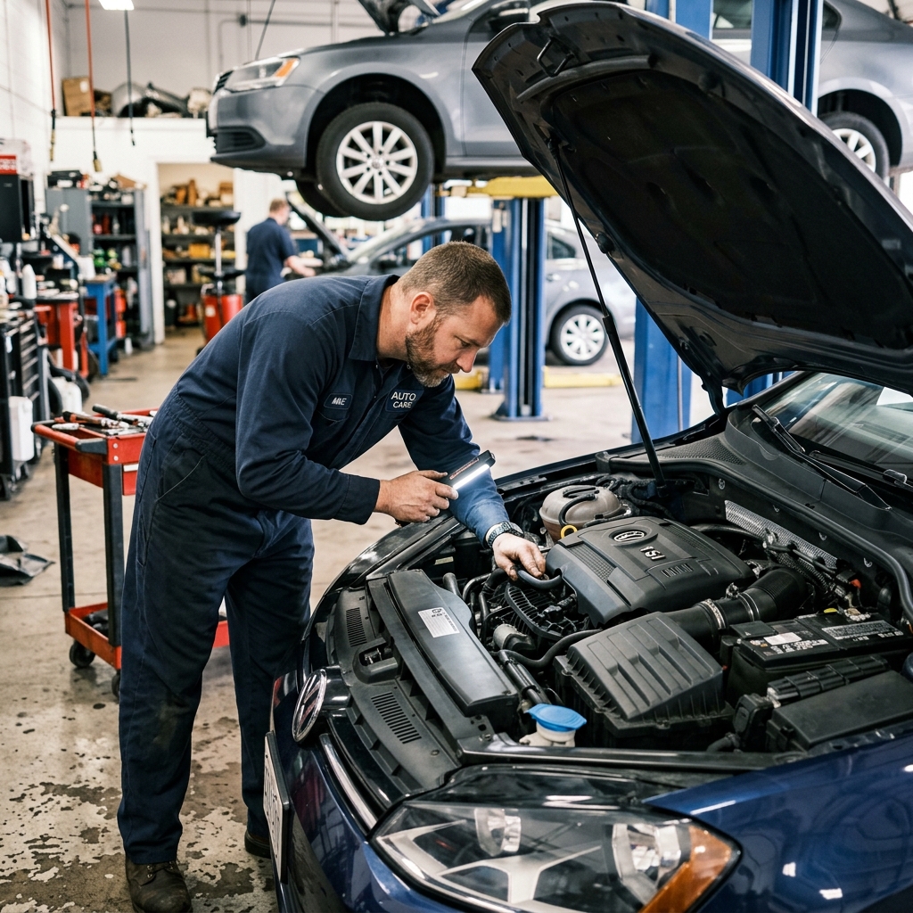 Mechanic inspecting under the hood of a car in a professional auto repair shop, checking engine components