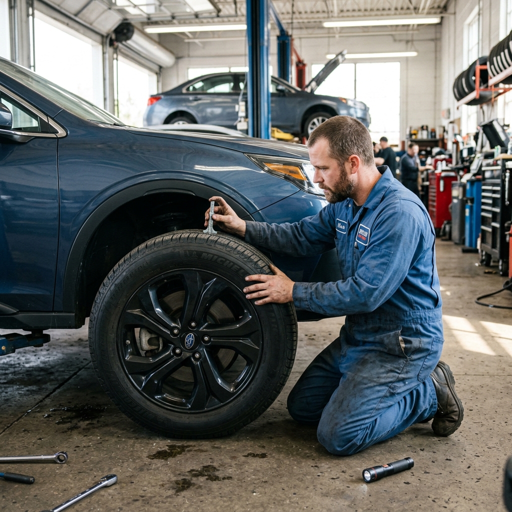 mechanic kneeling beside a car tire inspecting tread depth with a gauge tool in an auto repair shop