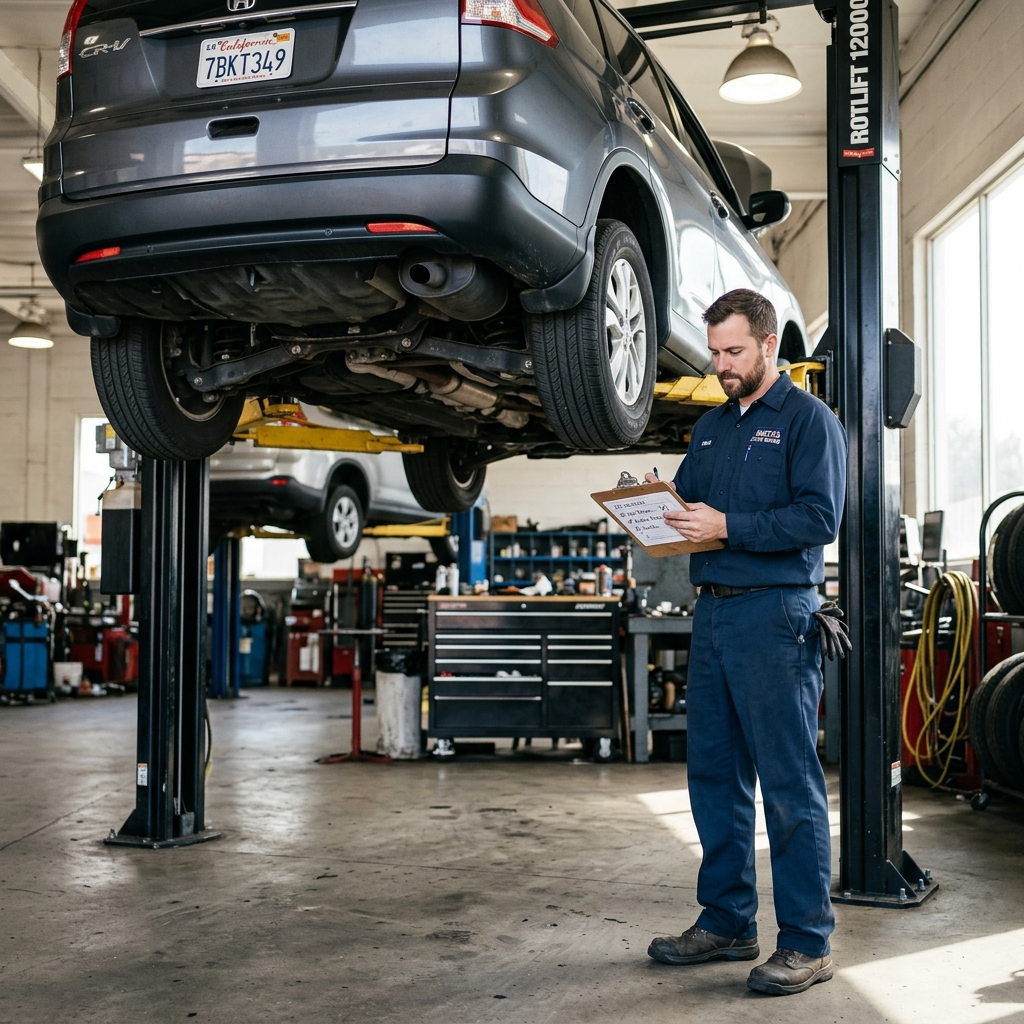 mechanic reviewing a vehicle inspection checklist on a clipboard beside a car lifted on a hydraulic hoist in an auto repair shop