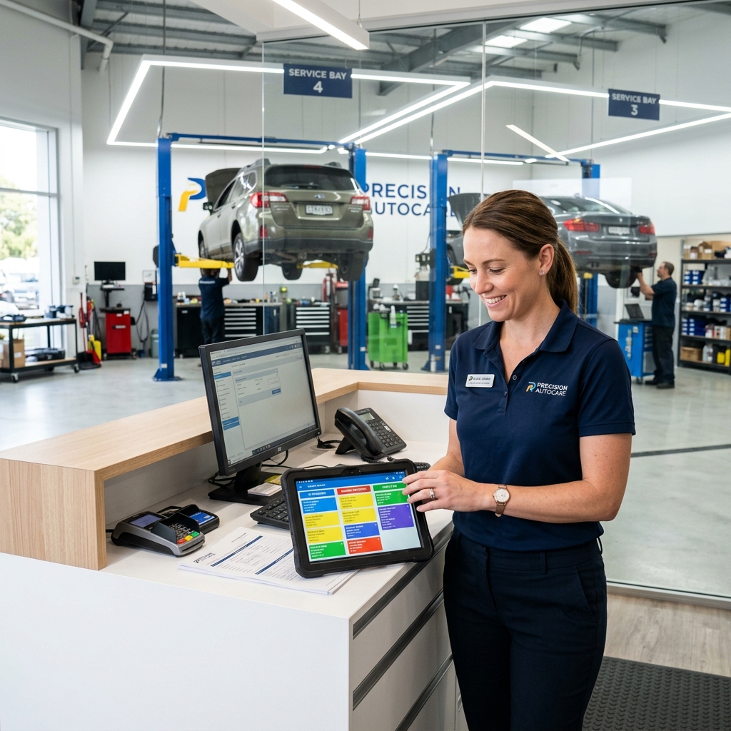 mechanic using a tablet-based shop management platform at an auto repair service counter with cars in the background