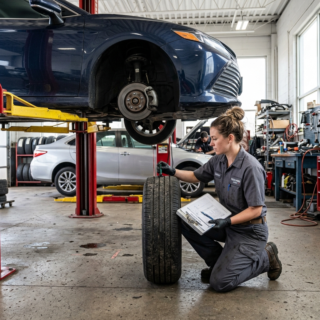 Mechanic with clipboard inspecting car tires and exterior body panels in a well-lit auto repair shop bay.