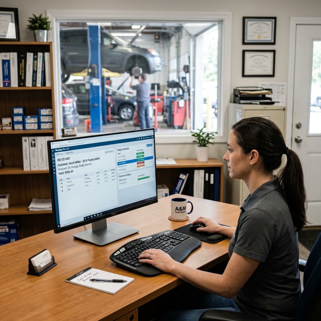 Mitchell 1 Manager SE auto repair invoice software displayed on a desktop monitor in a professional auto shop office