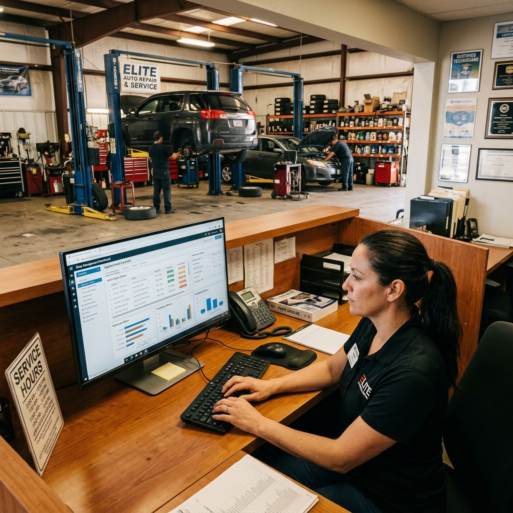 Mitchell 1 Manager SE auto repair shop software displayed on a desktop monitor in a busy large independent repair shop.