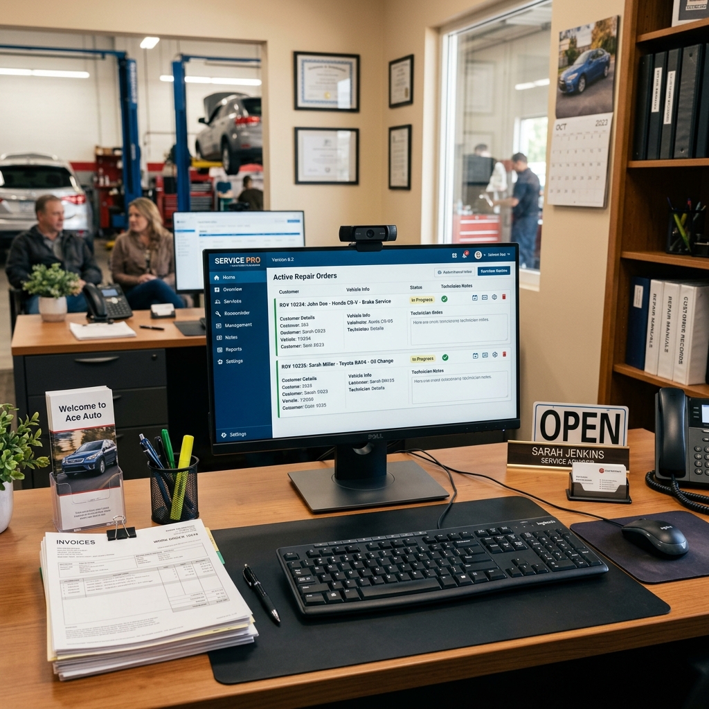 Mitchell 1 Manager SE repair order software displayed on a desktop computer screen in an auto repair shop office