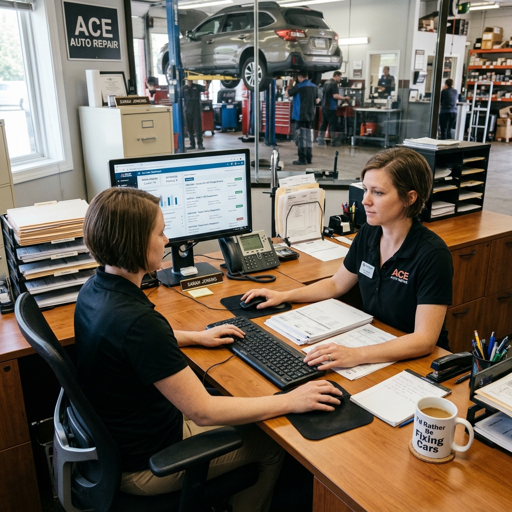Mitchell 1 Manager SE shop management software displayed on a desktop monitor in a busy auto repair office with work orders visible