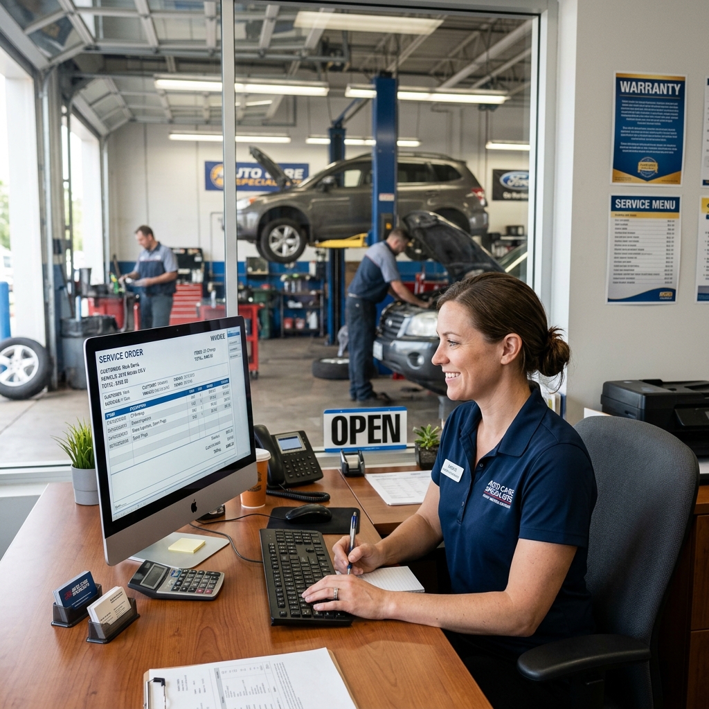 Mitchell 1 Manager SE shop management software displayed on a desktop monitor in a busy auto repair shop office