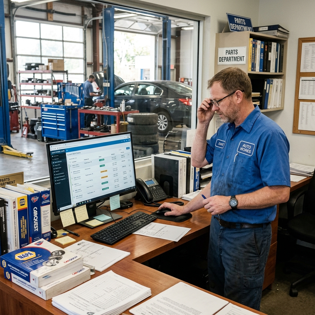 Mitchell 1 Manager SE shop management software displayed on a desktop monitor in a busy auto repair office, showing repair estimates and wor