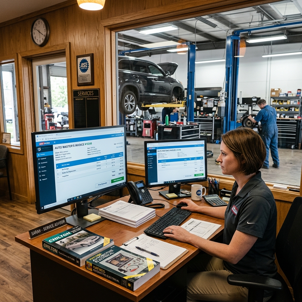 Mitchell 1 Manager SE shop management software displayed on a desktop screen in a professional auto repair shop office