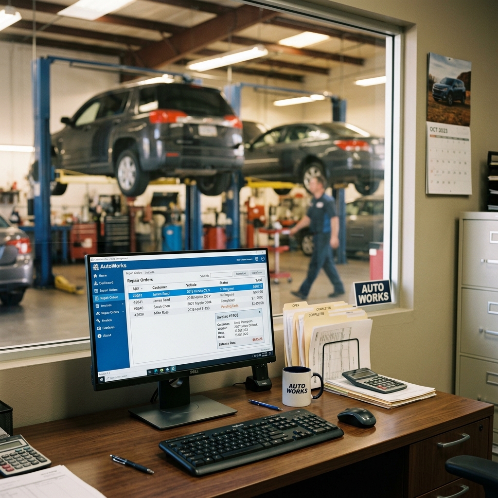 Mitchell 1 Manager SE shop management software displayed on a desktop monitor in a busy auto repair shop office