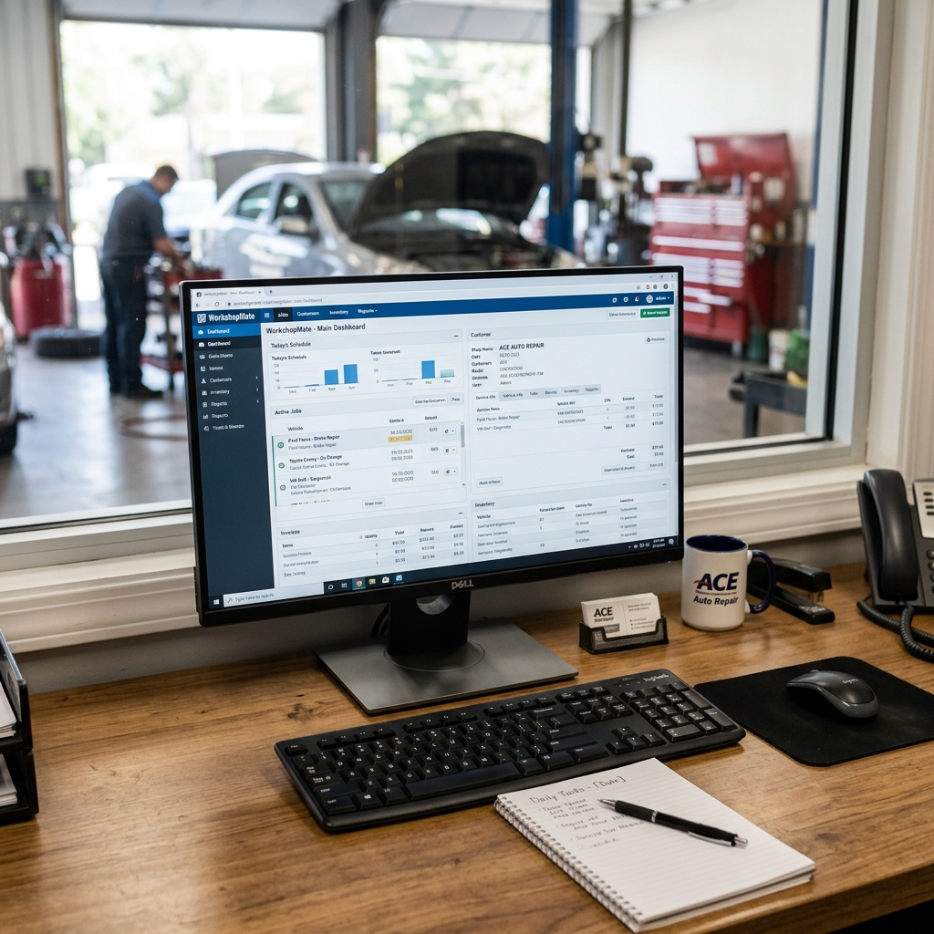 Mitchell 1 Manager SE shop management software shown on a desktop computer in a professional auto repair office