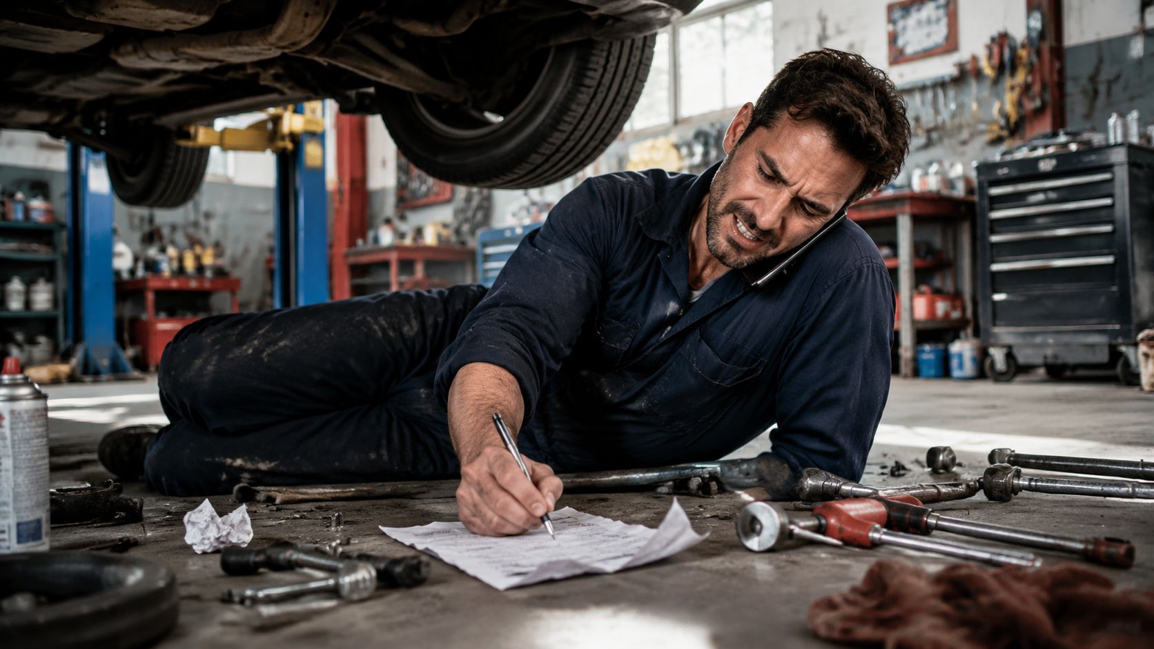 A professional mechanic lies on a garage floor working on paperwork while speaking on a mobile phone.