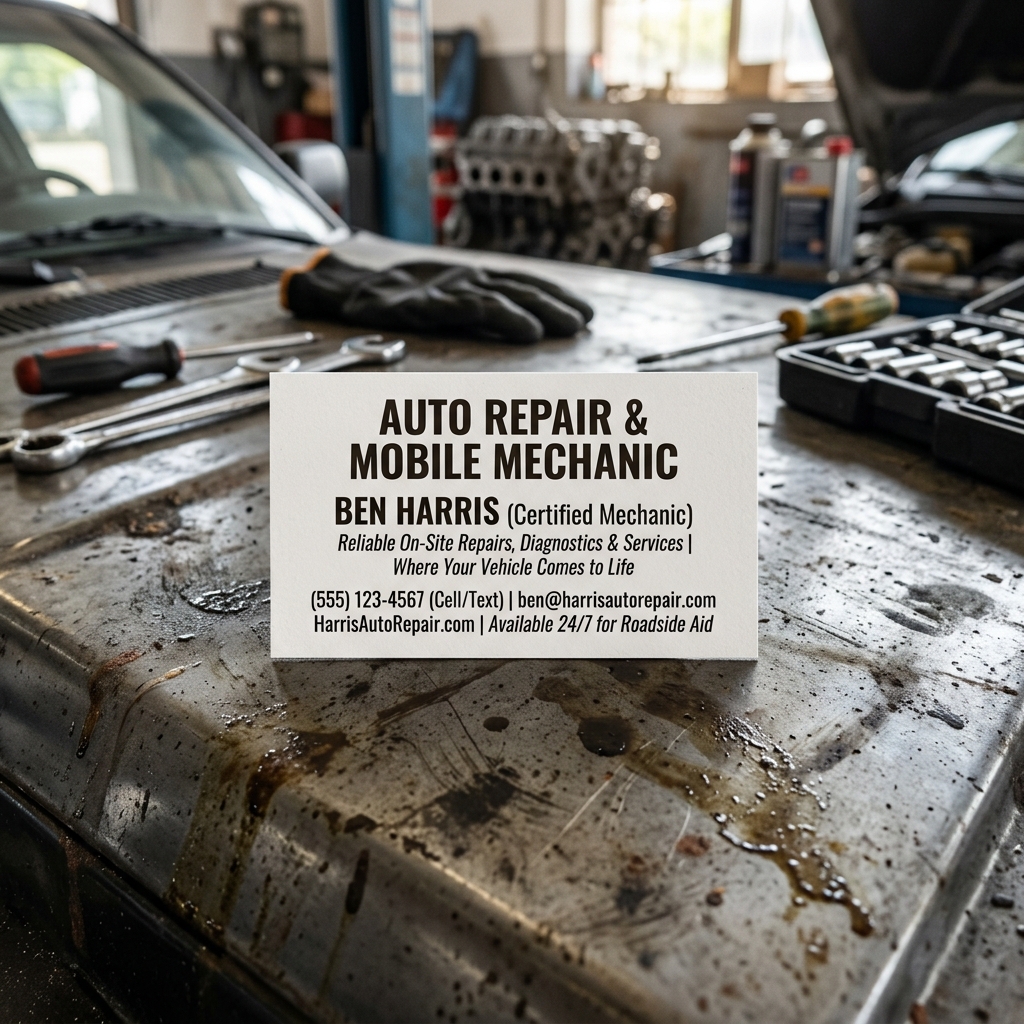 mobile mechanic business card laid on a car hood showing name, phone number, and service slogan in bold text