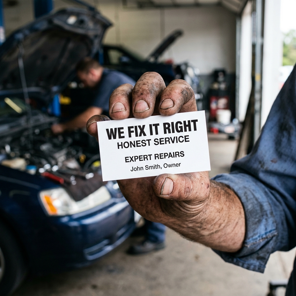 Mobile mechanic business card with bold slogan text held in a technician's grease-stained hand near a car engine