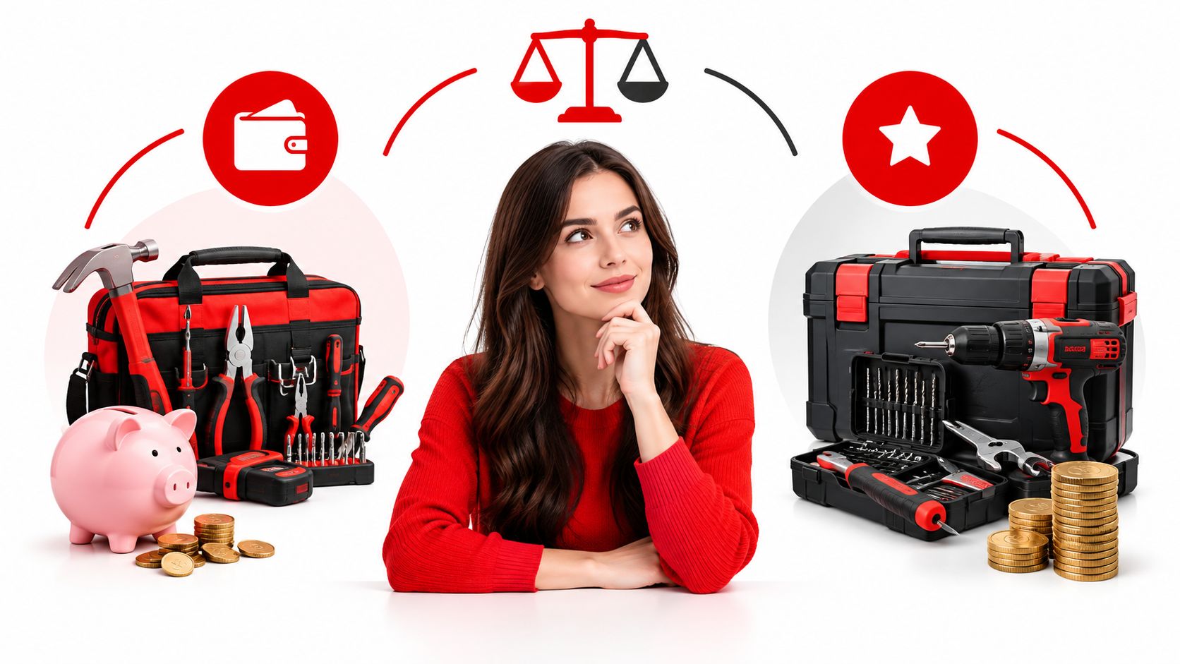 A woman contemplating a choice between a basic hand tool set and a premium power tool kit.