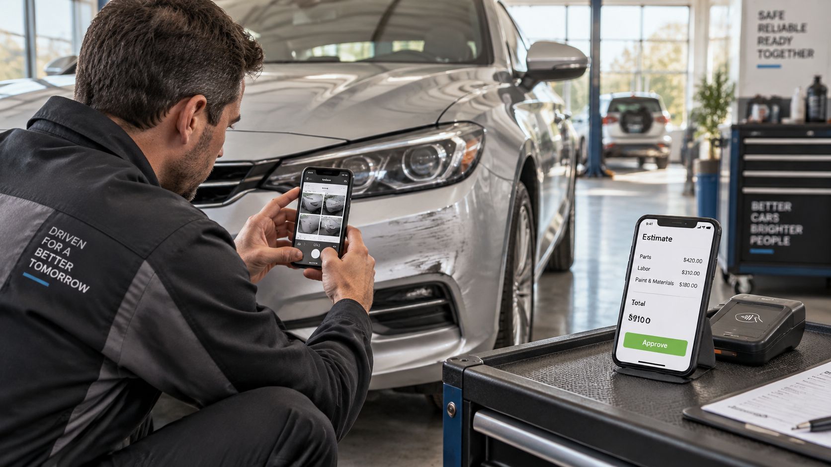 A technician using a smartphone to capture images of car damage to generate a digital repair estimate.
