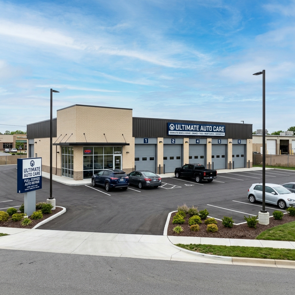 Multi-location auto repair shop exterior with consistent branded signage across a modern, professional service center