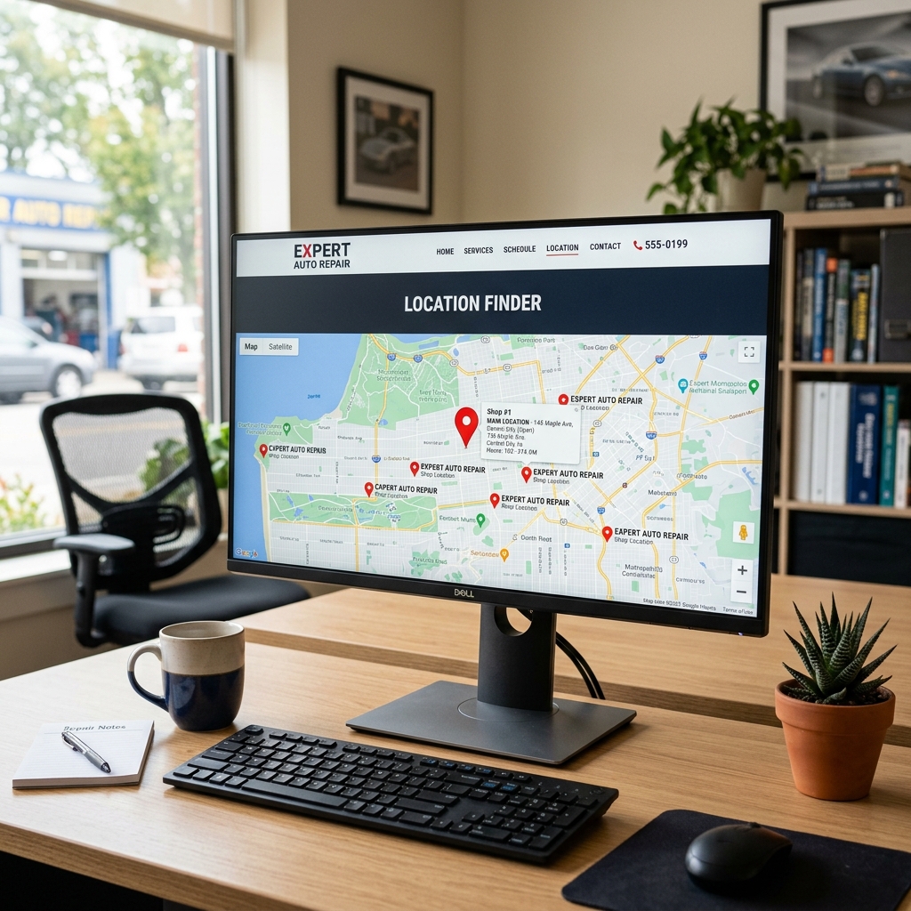 Multi-location auto repair shop website displayed on a desktop monitor showing a location finder map interface