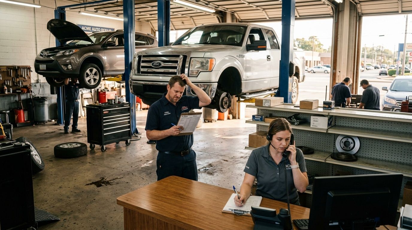 Automotive service center showing a male mechanic checking parts while a woman manages customer support calls.