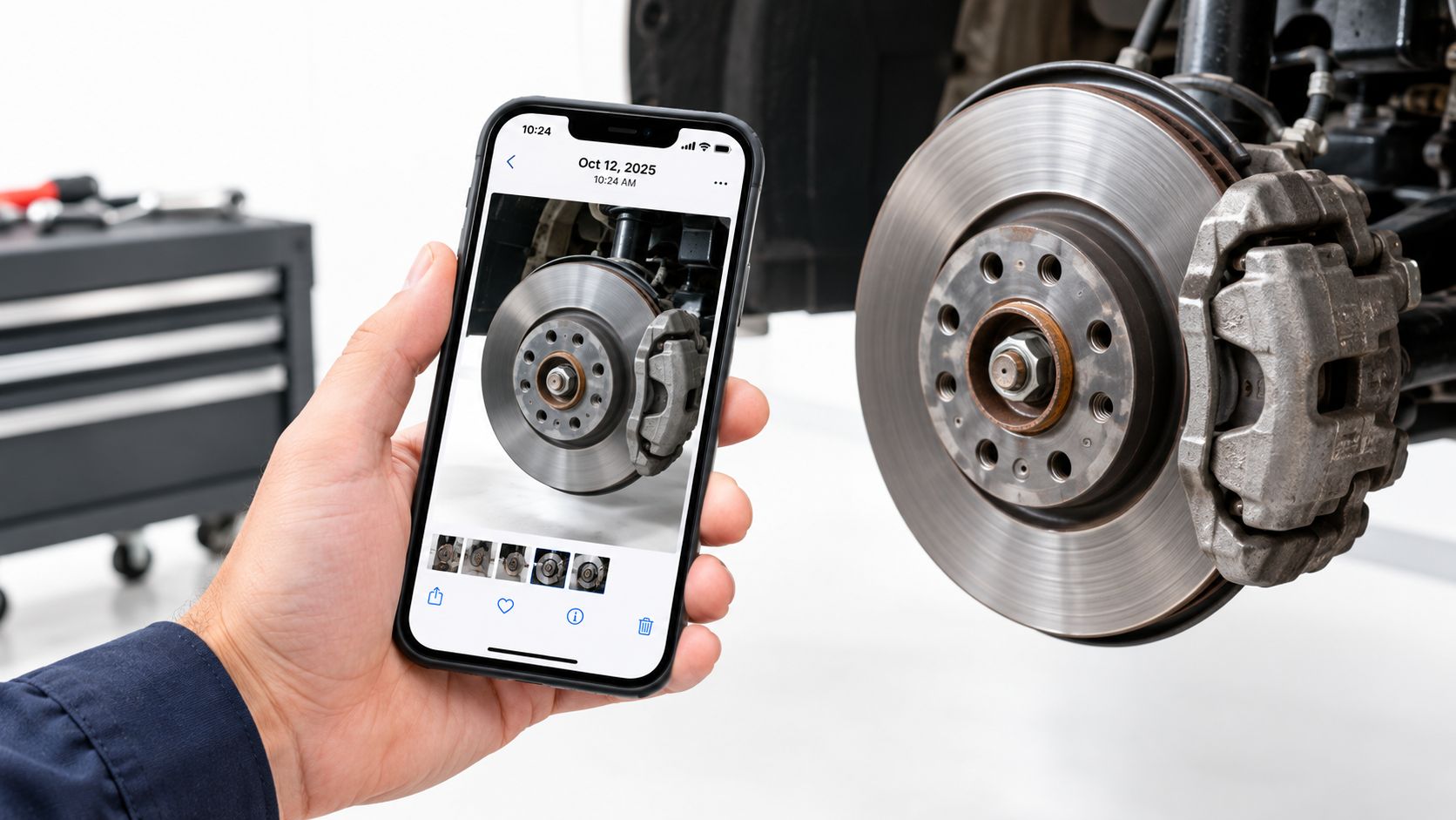 A technician holds a smartphone displaying a car brake rotor during a multi point inspection service.