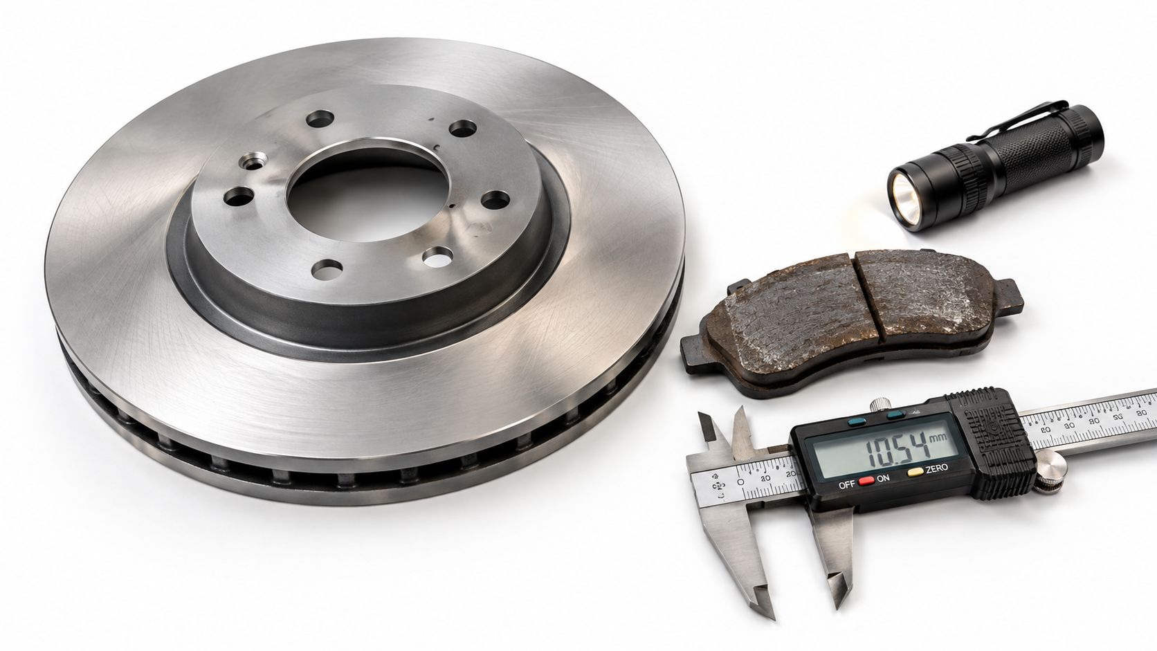 A car brake rotor, a brake pad, and a digital caliper displaying a thickness measurement.