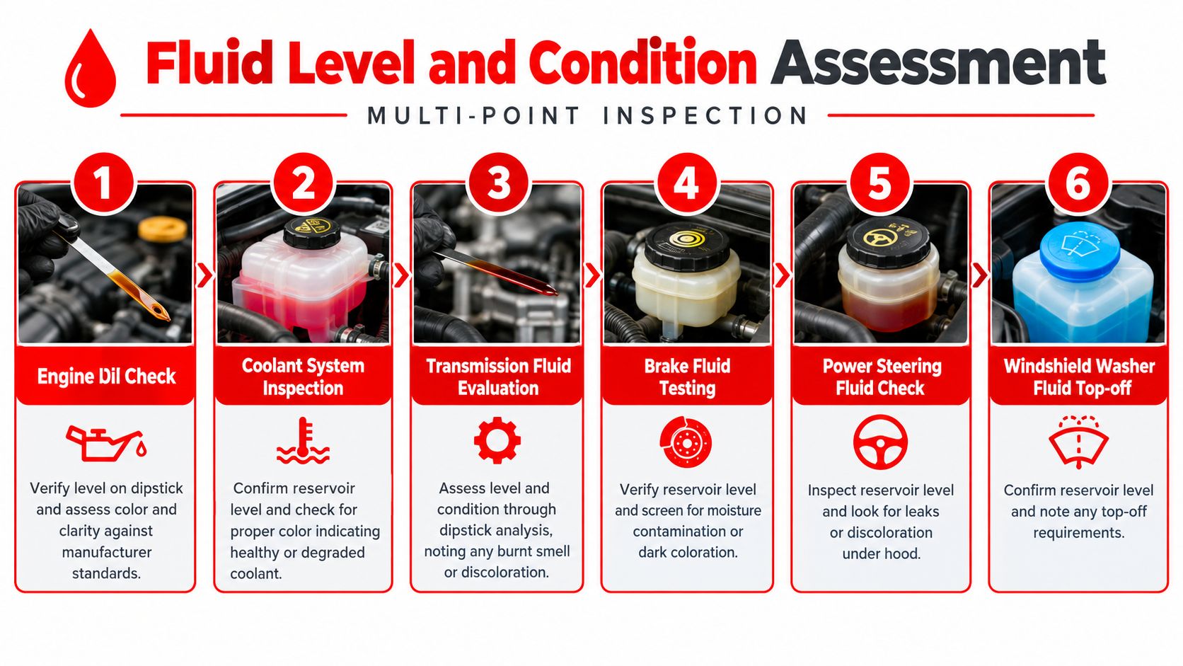 An infographic showing a six-step process for a vehicle fluid level and condition assessment inspection.