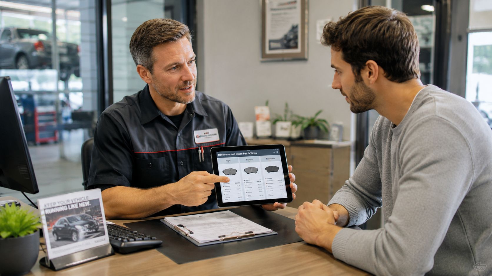 An auto mechanic showing different brake pad options to a male customer on a tablet screen.