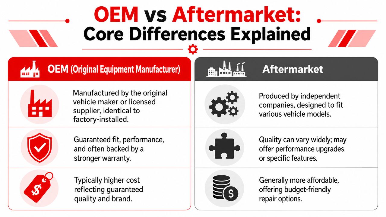 A comparison chart outlining the key differences between OEM and aftermarket automotive parts for car maintenance.