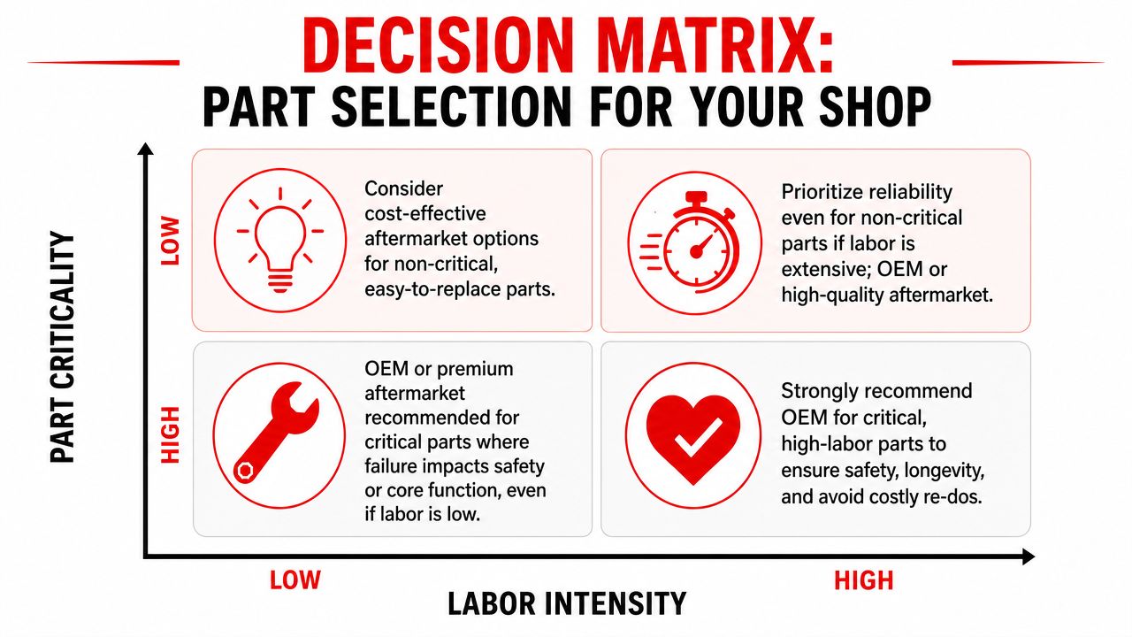 A decision matrix comparing part criticality and labor intensity to guide OEM and aftermarket parts selection.
