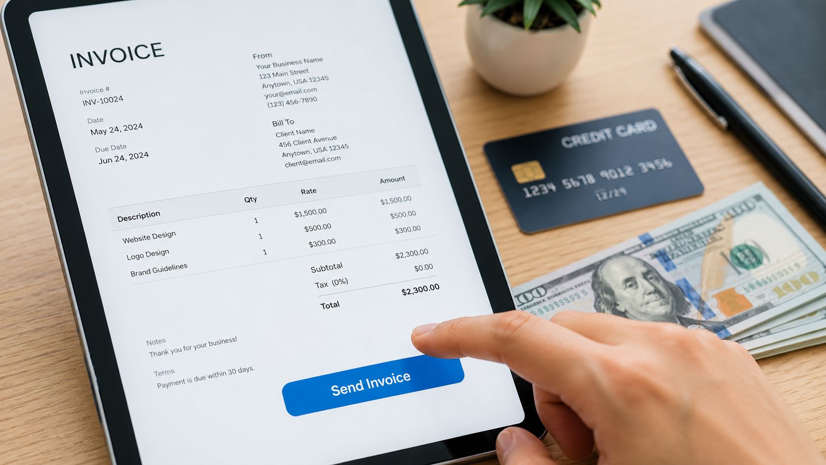 A person using a tablet to send an online invoice with cash and credit cards on the desk.