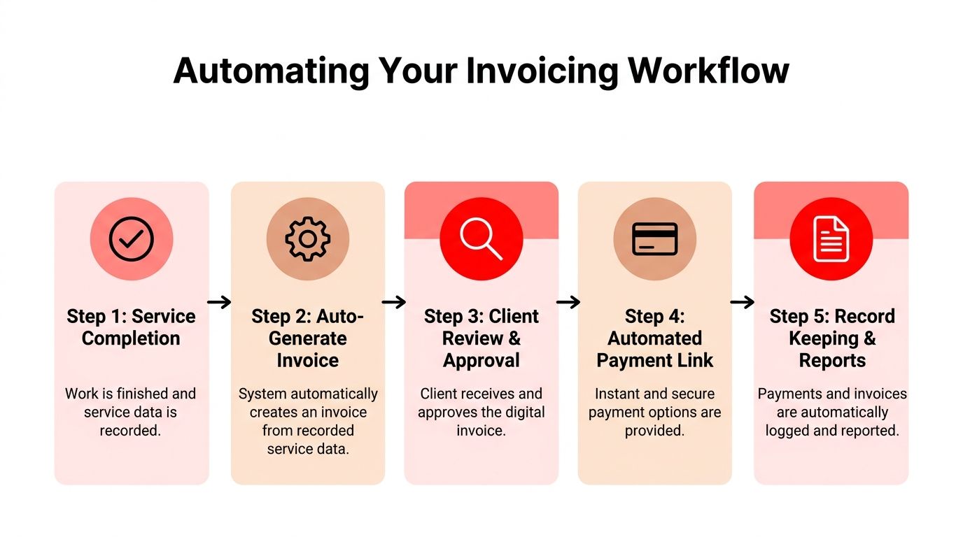 A flowchart showing five steps for automating your business invoicing workflow from service completion to reporting.