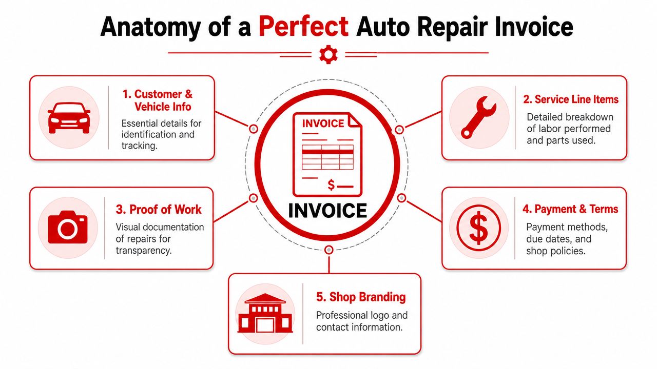 An infographic titled Anatomy of a Perfect Auto Repair Invoice showing five essential components for professional billing.